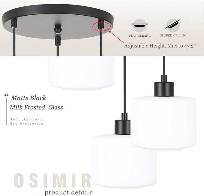 3-Light Pendant Lighting, Black Dining Room Chandelier Light Fixture Over Table with Milk Glass, Modern Cluster Hanging Lights for Kitchen Island Dining Room Sink, OS-YQ8153-3BKW