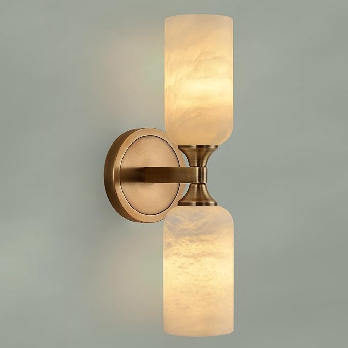 Alabaster Wall Sconce, Solid Brass Sconce with Natural Spanish Alabaster, 14.4 in Vanity Lights for Bathroom, Hardwired Wall Lamp for Bedroom Living Room Staircase Hallway, G9 LED Bulb