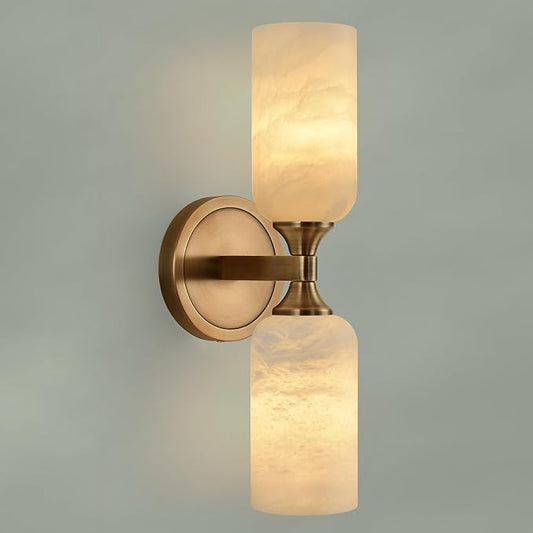 Alabaster Wall Sconce, Solid Brass Sconce with Natural Spanish Alabaster, 14.4 in Vanity Lights for Bathroom, Hardwired Wall Lamp for Bedroom Living Room Staircase Hallway, G9 LED Bulb