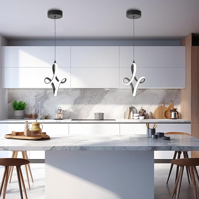 Modern Led Pendant Light 5500K Cold White Kitchen Island Pendant Light Fixtures Adjustable Height Led Pendant Lamp for Kitchen Island Dining Room Hanging Light, 1 Pack (Black)