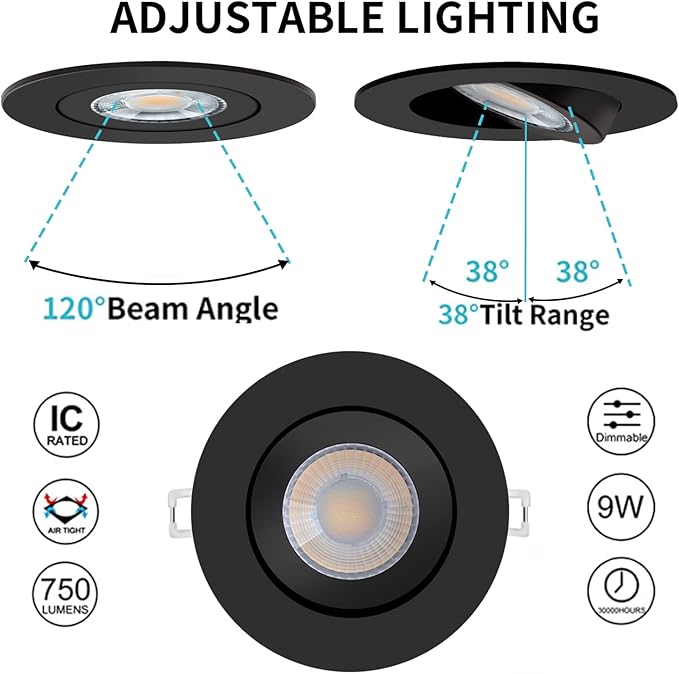 KnLnny Ware Black Gimbal recessed Lights 4 Inch with Night Light 6 Pack, Gimbal canless recessed Lights with Junction Box,9W 750LM,Dimmable,5CCT Selectable,Air Tight
