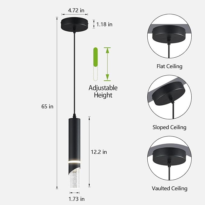 Modern Dimmable Led Pendant Lights Kitchen Island, Ideal for Living Room, Bedroom,Sink 6w LED Crystal Energy-Saving Hanging Lamp for Cozy Lighting (Black 2-Pack)