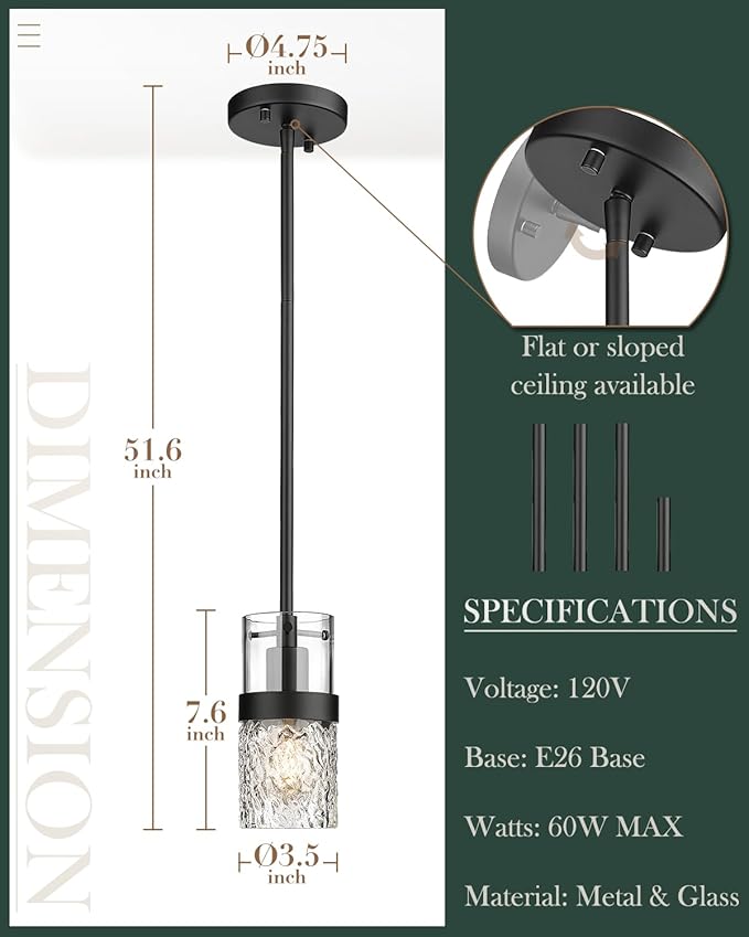 LMS Glass Pendant Lights Kitchen Island, 1-Light Modern Black Pendant Light with Hammered Glass and Rods, Mini Hanging Lighting for Kitchen Island Sink Bathroom Bedroom, LMS-172
