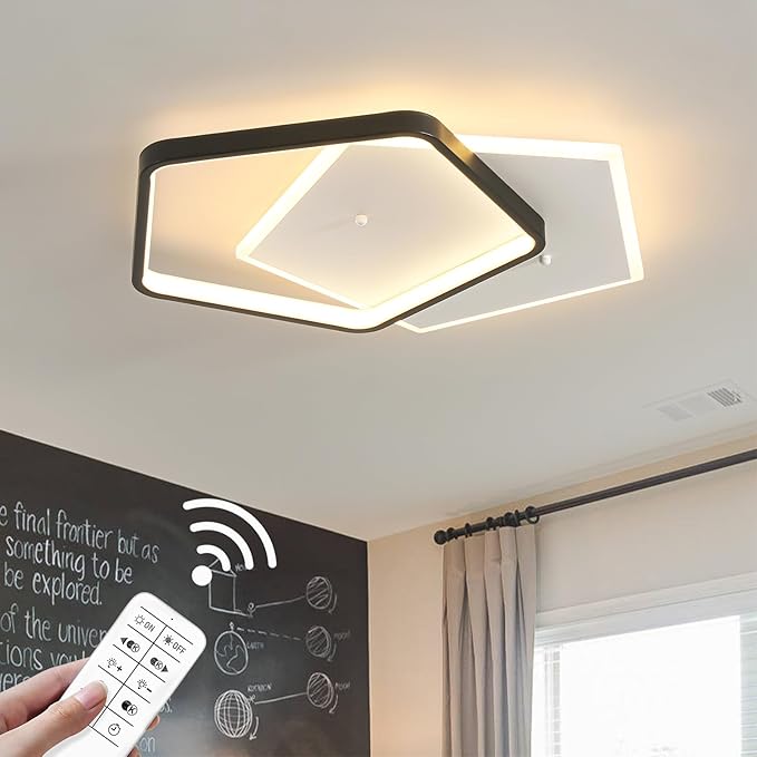 Modern LED Ceiling Light Fixture Dimmable Black Flush Mount Ceiling Light 20.08" Bedroom Ceiling Lamp with Remote Control Pentagonal Ceiling Light for Kitchen,Entryway,Balcony,Wardrobe