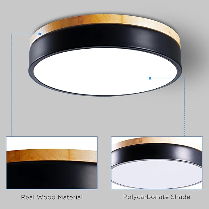 Dimmable LED Wood Flush Mount Ceiling Light Fixture 3000-6000K Tunnable 12 Inch, 24W Modern Close to Ceiling Light, Bedroom Light for Kitchen, Hallway, Black, Type B 5CCT