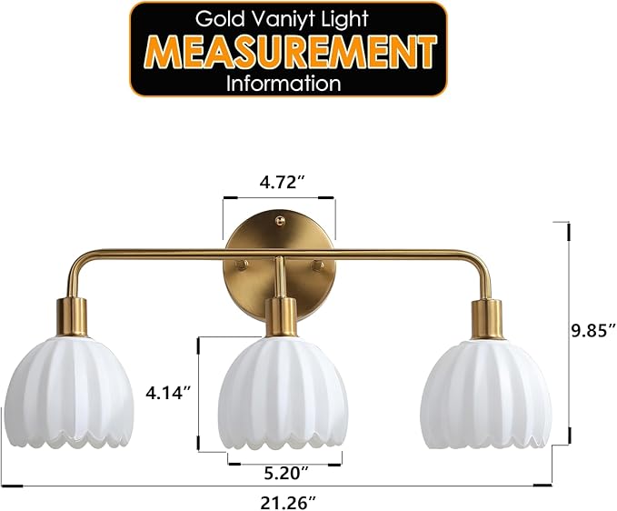 Brushed Gold 3-Light Vanlity Light Over Mirror,Wall Sconces,Gold Brass Bathroom Light Fixture with White Glass Flower Shade,E26 Socket(Bulbs Not Included)