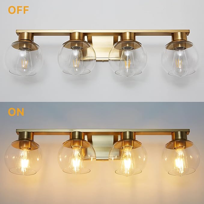 PAZALA Brushed Brass Bathroom Light Fixtures Over Mirror 4-Lights Vanity Light Wall Sconce with Globe Glass Shade, E26 Base, Perfect for Hallway Picture Wall Lighting Bathroom Bedroom Living Room