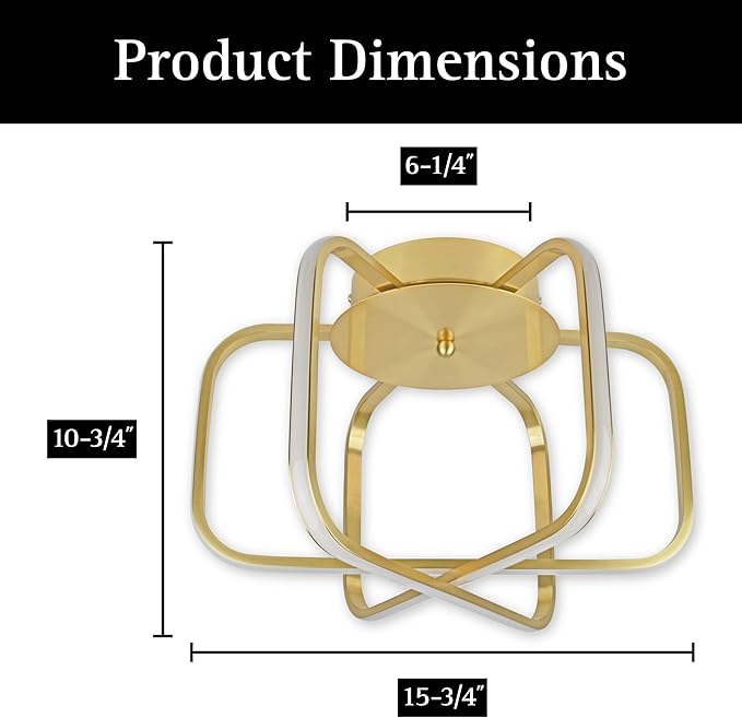 Ultralux 15 inch Modern Brushed Gold Atom Ceiling Light Fixtures, Bright and TRIAC Dimmable, 2050 Lumens 3000K, Integrated LED Light Fixture for Living Room or Kitchen LED Flush Mount Ceiling Light