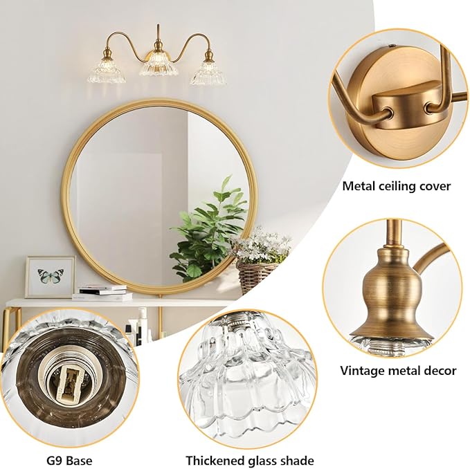 Vintage 3-Light Wall Sconces Modern Brass Bathroom Vanity Lighting Fixtures Glass Retro Vanity Light for Bedroom, Bathroom, Doorway, Foyer, Hallway Light
