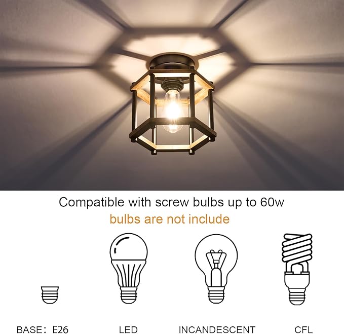 Dijiahua 1-Light Rustic Farmhouse Wood Flush Mount Ceiling Light Fixture, Small Black Semi Flush Mount Ceiling Lighting with Oak Wooden and Hexagonal Cage for Hallway Entryway Bedroom Kitchen