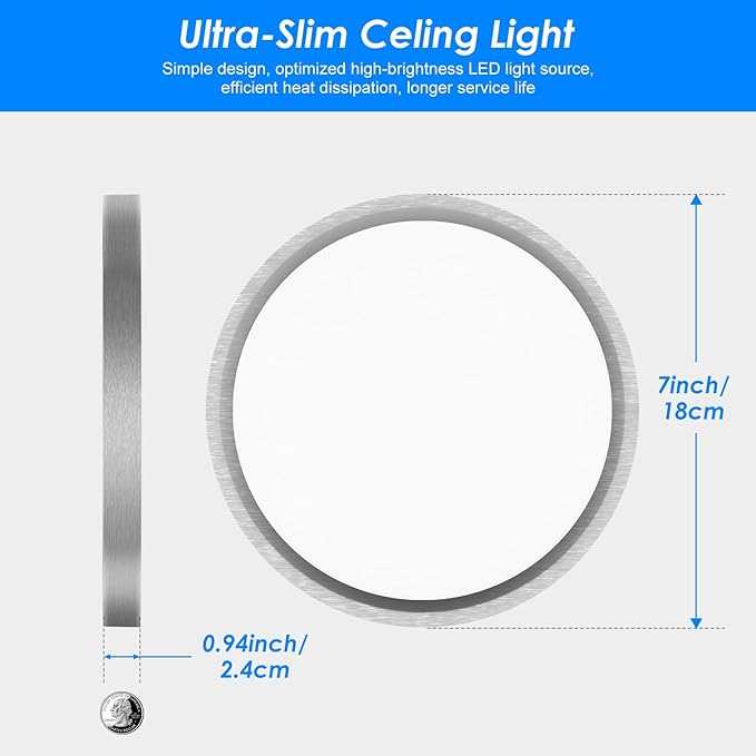 Peasur 7 Inch Satin Round Lighting Brushed Nickel, 15W LED Slim Flush Mount Ceiling Light,3000K/4000K/6500K Adjustable, Modern LED Ceiling Light for Bedroom, Living Room and Kitchen