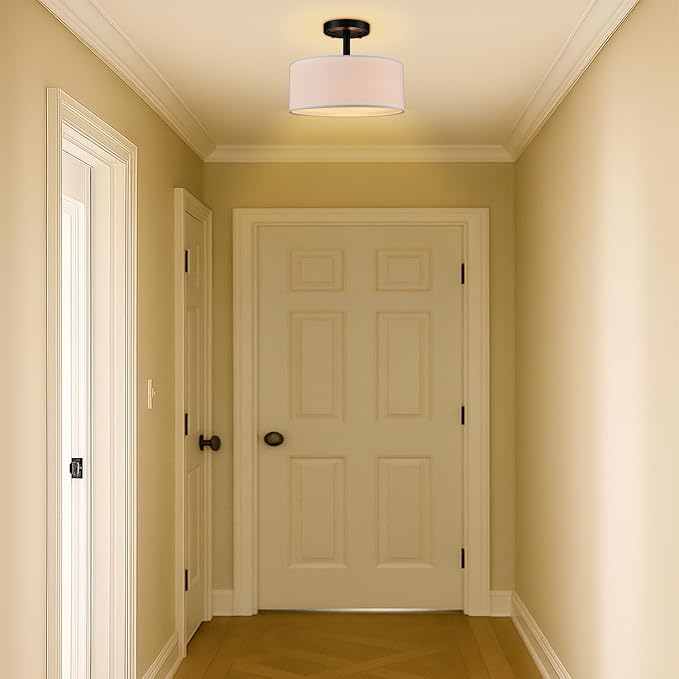Modern Black Light Fixture Ceiling Mount Flush Mount Drum Ceiling Light Fixture 3 Light Semi Flush Mount Ceiling Light for Hallway Bedroom Entryway Foyer Office
