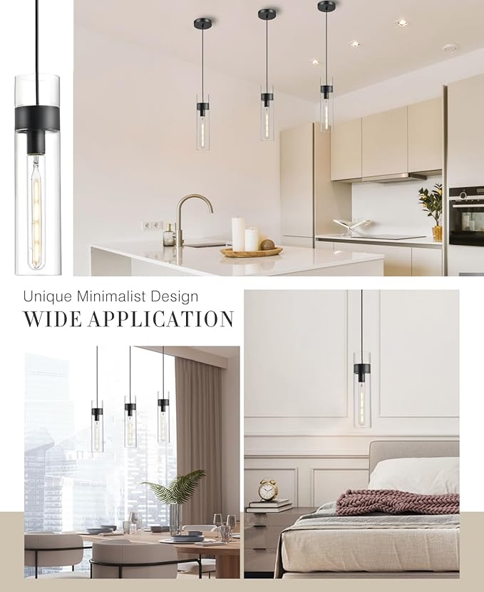 2 Pack Black Pendant Lights Kitchen Island (Bulbs Included), Adjustable Modern Glass Pendant Light Over Island, Industrial Pendant Light Fixtures for Dining Room Hallway Bedroom Living Room