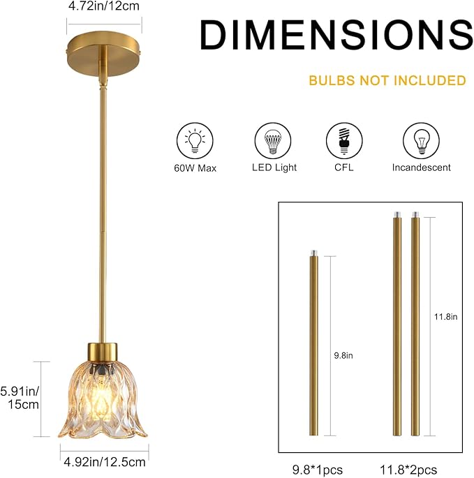 Pendant Lamp with Glass Shade, Modern Antique Brass Pendant Lights,Hanging Light Vintage Glass Shade, Island Light Pendant Light Fixture for Bedroom Living Room Kitchen