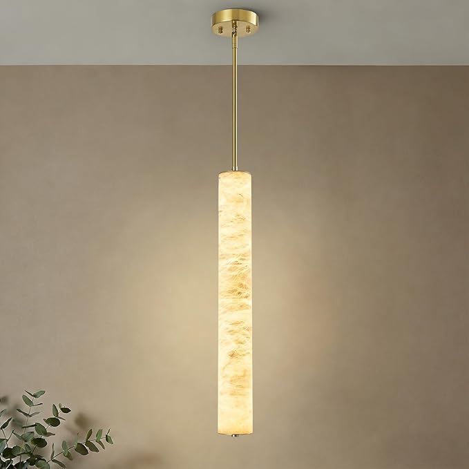 LMQNINE Natural Alabaster Pendant Lights White Marble 24" Long Tube Adjustable Boom Chandelier Modern 3000K Gold Ceiling Light for Kitchen Island Bedroom Dining Room Living Room Hallway(M-1Pack)