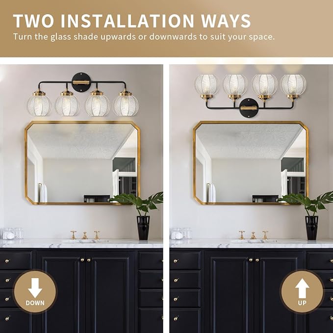 Bathroom Light fixtures 4-Lights Vanity Lights Over Mirror Mid Century Modern Wall Sconce Light with Clear Glass Globe Shade Vintage Black Gold Bath Wall Lamp for Living Room Cabinet