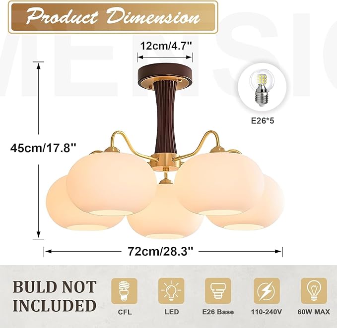 Vintage Flush Mount Ceiling Light 28" Large Semi Flush Mount Ceiling Light with 5-Light,Gold & Wood Design,Glass Lampshade,Ideal for Kitchen Bedroom Farmhouse