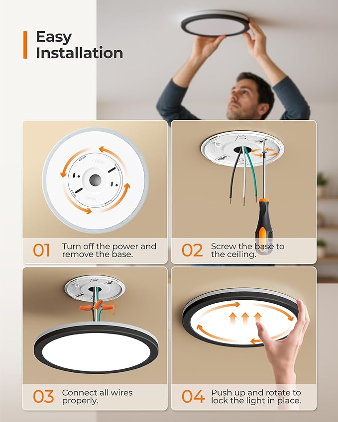 Matane 2Pack Dimmable Flush Mount Ceiling Light Fixture with Night Light, 18W 3000K 4000K 5000K, LED Low Profile Ceiling Lights for Bedroom Hallway Kitchen, 8.7inch Black Round