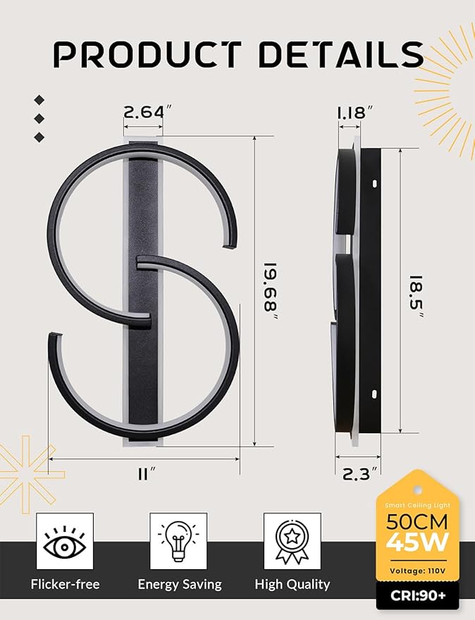 Modern Ceiling Light 19.68in 2 Rings Black Voice Control Bedroom Lights for Ceiling 3000-6000K LED Ceiling Light Fixtures Flush Mount Ceiling Lamps for Living Room Study Kitchen 45W