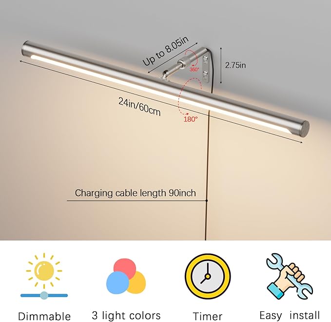 9W Picture Light Plug in, 24" Adjustable LED Art Light with Remote Control, Dimmable Wall Light for Picture Display Dartboard Art Work (Nickel)