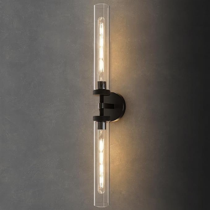 Knurled Brass Tube Wall Sconce - Luxury Modern Dimmable Sconces with Bulbs - Black Glass Vanity Light Fixture - Vertical or Horizontal Mounted Indoor Lighting for Bathroom Bedroom Living Room