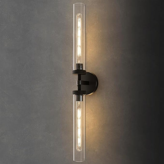 Knurled Brass Tube Wall Sconce - Luxury Modern Dimmable Sconces with Bulbs - Black Glass Vanity Light Fixture - Vertical or Horizontal Mounted Indoor Lighting for Bathroom Bedroom Living Room