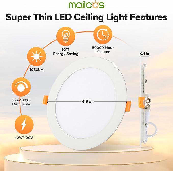 MAILCOS 24 Pack 6 Inch 5CCT Ultra-Thin LED Recessed Ceiling Light with Junction Box, 2700K-5000K Selectable, 1050LM High Brightness, Dimmable Canless Wafer Downlight, 12W 120V, ETL