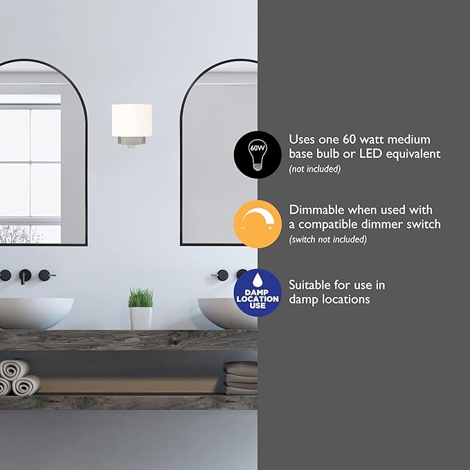 Design House Dove Creek Wall Light Sconce, Satin Nickel Finish, Frosted Glass, Dimmable, for Hallway, Bathroom, Foyer, Bedroom – Design House, 577981