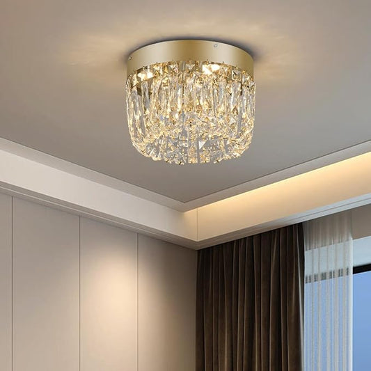 Deckrico Modern Crystal Chandelier Flush Mount Ceiling Light, 11.8" Gold LED Lighting Fixture for Bedroom Hallway Entryway Foyer