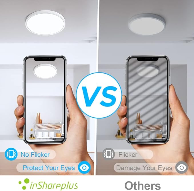 inShareplus 7-inch LED Flush Mount Ceiling Light, White 12W (120W Equiv) 6000K Cold White, Super Bright, Ultra-Thin, 1500LM Ceiling Lamp for Bedroom, Kitchen, Office, Hallway
