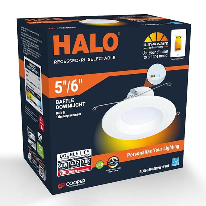 HALO RL 5/6 in LED Recessed Light Trim Selectable Color Temperature 2700K 3000K 3500K 4000K 5000K Dimmable Dim to Warm 600 Lumens Wet Location Indoor Outdoor Retrofit Downlight RL56069FSD2W1EWH