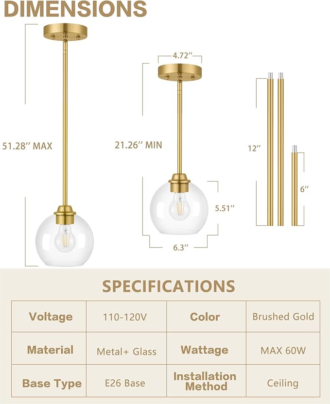Gold Pendant Light Fixtures 2 Pack, Globe Pendant Lights with Clear Glass Shade,Pendant Lights Kitchen Island, Kitchen Pendant Lighting Over Island, Hanging Lights for Kitchen Island