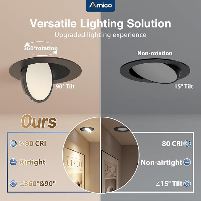 Amico 6 Pack 6 Inch 5CCT Gimbal LED Recessed Lighting, 360°&90° Adjustable Eyeball Directional Downlight, Dimmable, 2700K/3000K/3500K/4000K/5000K Selectable, CRI90+ 12W 1200LM, Black, ETL&FCC