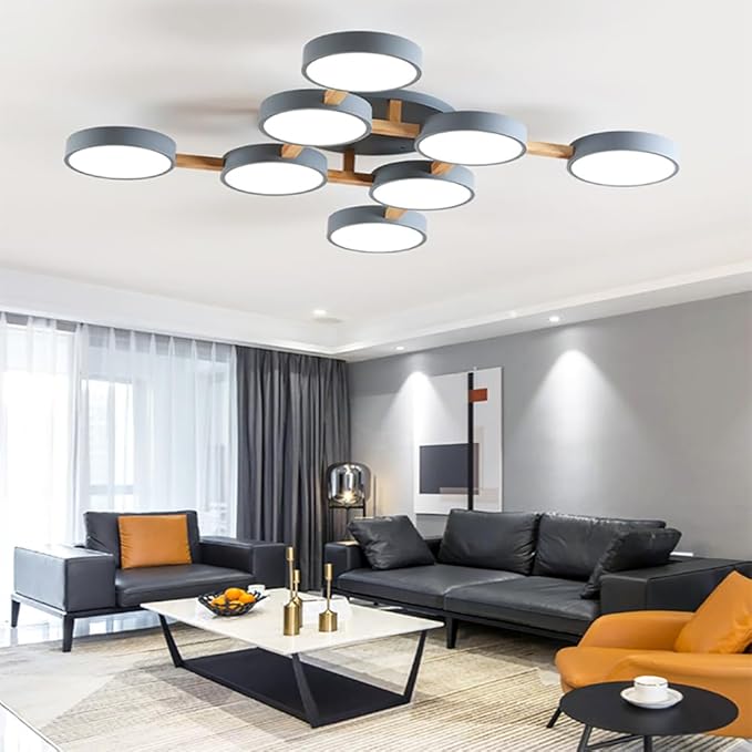8-Lights LED Ceiling Light Fixture,44 Inch Modern Ceiling Lights Flush Mount Wooden 96W Chandelier for Living Room Bedroom Kitchen,Dimmable 3000K/4000K/6000K Temperatures Selectable, Grey