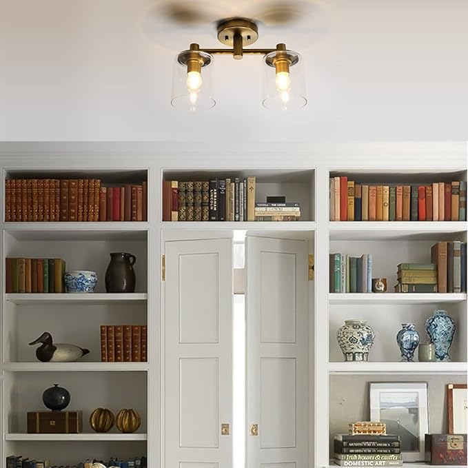 Pathson 2-Light Semi Flush Mount Ceiling Light, Industrial Pendant Lighting Fixture with Glass Shade, Ceiling Chandelier Lamp for Hallway Loft Kitchen Bar