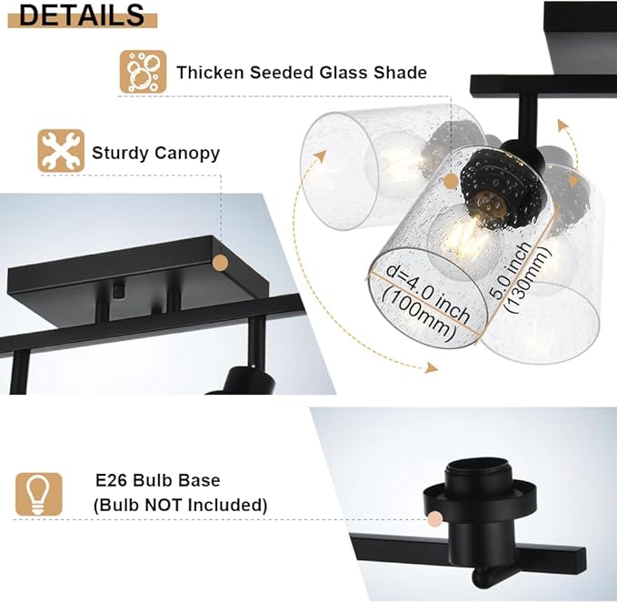 4-Light Track Lighting Kit Bathroom Wall Light Fixtures, Black Directional Ceiling Light for Kitchen Dining Room Bedroom Office, Seeded Glass Shades