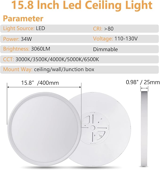 6PK Dimmable 15.8 Inch Led Ceiling Light Flush Mount, 34W, 3060LM, 3000K/3500K/4000K/5000K/6500K CCT, 0.98" Super Slim Close to Ceiling Round Flat Panel Light for Hallway,Kitchen ect, White