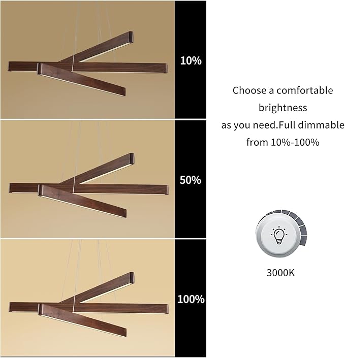 YISDESIGN 3-Light Linear Pendant,Dining Room Light Fixture,Modern Led Chandeliers for Living Room,Dimmable Wood Ceiling Pendant Light,45W for Living Room,Dining Room,Kitchen Island,Walnut Color