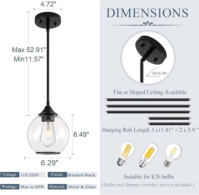 Pendant Lights Kitchen Island,Farmhouse Black Pendant Light with Clear Glass Globe Shade,6.29" Glass Pendant Light for Finish Farmhouse Entryway Dining Room Kitchen Island 1 Light