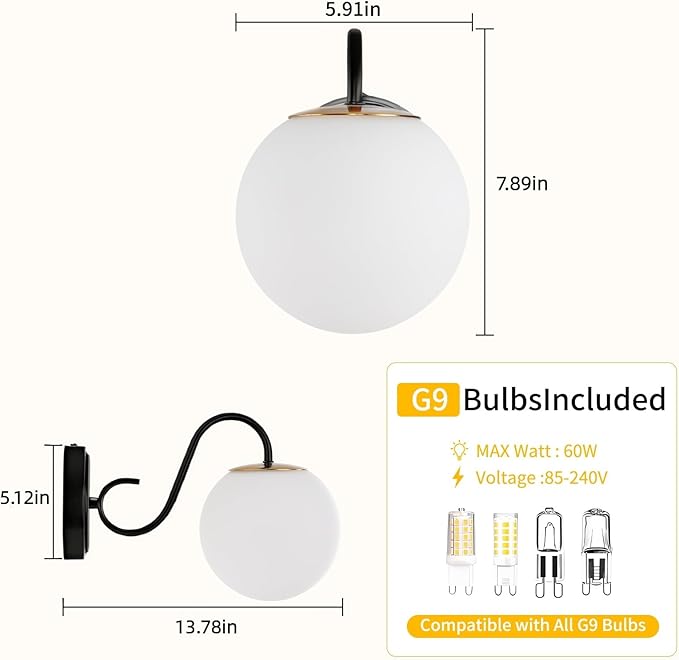 2-Pack Wall Sconce for Bathroom, Vintage Matte Black Vanity Lights, Wall Mount Light Fixtures With Milk Glass Globe Shade, Indoor Wall Lights Fixture for Bedroom Living Room Mirror Hallway(G9 Incl.)