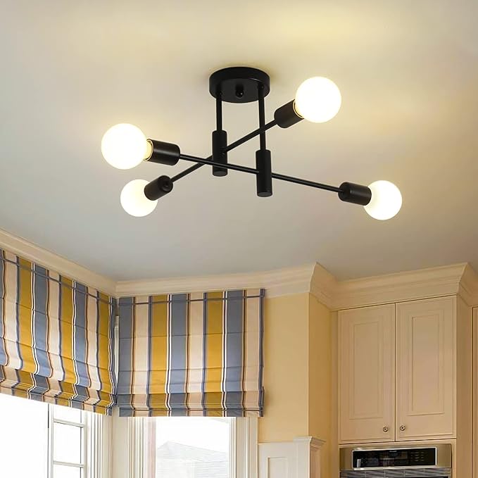 Garwarm Black Semi Flush Mount Ceiling Light Fixture, 4-Light Modern Industrial Sputnik Chandelier Light Fixture, Flush Mount Ceiling Lamp for Kitchen Dining Room Bedroom Foyer Entryway Hallway Closet