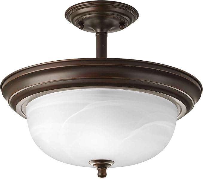 Progress Lighting 2-Light Ceiling Light, Semi-Flush Mount or Hanging Ceiling Light Fixture for Interior Kitchen Lights or Hallway, 13-3/16" by 11-5/16", Antique Bronze, Alabaster Glass Shade