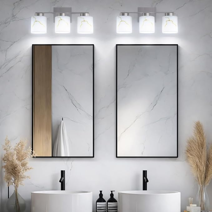 3-Light Brushed Nickel Bathroom Light Fixture, Modern Bathroom Vanity Light Over Mirror with White Marble Glass Shade, Wall Mounted Sconces Lighting for Bedroom Cabinet Kitchen Living Room