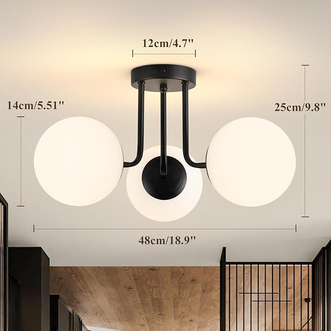 Modern Semi Flush Mount Ceiling Light, 3-Light Glass Globe Ceiling Light Fixture, Matte Black Mid Century Sputnik Chandelier for Living Room, Bedroom, Hallway, Kitchen (Blub Included)