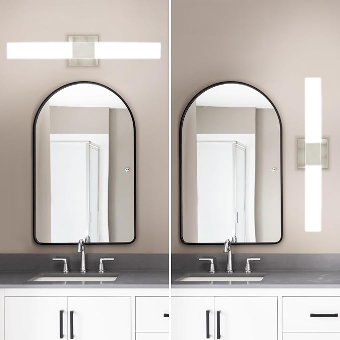 LUXRITE LED Bathroom Vanity Light Fixtures Square 24 Inch Brushed Nickel 5 CCT 2700K-5000K Selectable Over Mirror Vanity Lights Modern Wall Light Bar 24W 1500 Lumens CRI 90 Dimmable Damp Rated ETL