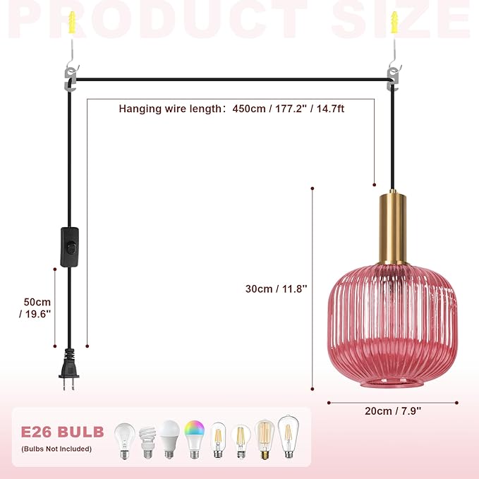 Hanging Pendant Light Plug in 2 Pack, Mid Century Modern Gold Hanging Lights with 14.75Ft Plug in Cord, Pink Striped Glass Ceiling Hanging Lamp for Kitchen Dining Room Living Room Bedroom