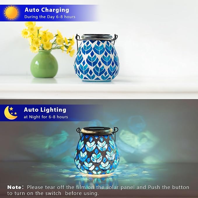 Stargarden Mosaic Solar Lanterns, Table Lamp for Garden ,Patio,Yard Decor Blue Glass Hanging Lantern Waterproof Outdoor Hanging Solar Lights