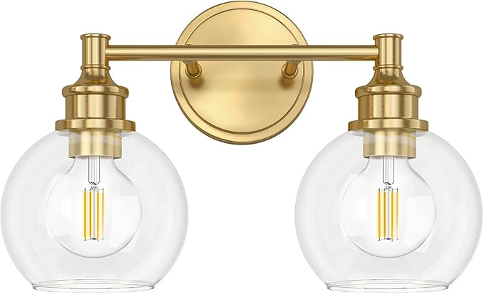 Bathroom Light Fixtures, 2-Light Brushed Gold Vanity Light Globe Glass Shades, Bathroom Lighting Fixtures Over Mirror, Wall Sconces for Master Bathroom, Guest Bathroom, Powder Room, 14-inch