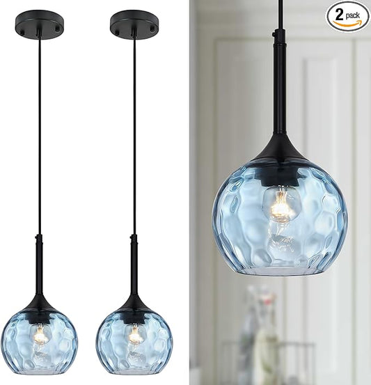 JHLBYL Glass Pendant Lights Kitchen Island: 5.91'' 2-Pack 1-Light Blue Hammered Glass Pendant Light with Black Finish - Modern Minimalist Hanging Light Fixture for Kitchen Sink Dining Room - E26 Base