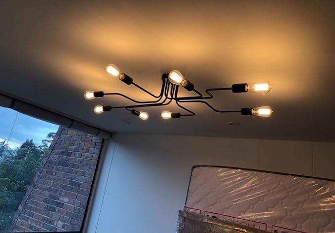LynPon Black Sputnik Ceiling Light Fixture, 8 Lights Industrial Light Fixtures Semi Flush Mount Ceiling Light Rustic Retro Metal Chandelier Lighting for Kitchen Dining Room Living Room